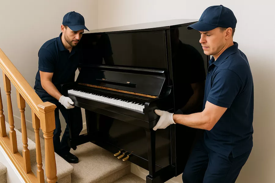 Tungt piano bärs nerför en trappa av professionella flyttare